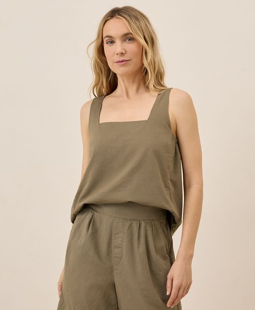 Women's Khaki Green Canopy Linen Blend Square Neck Tank