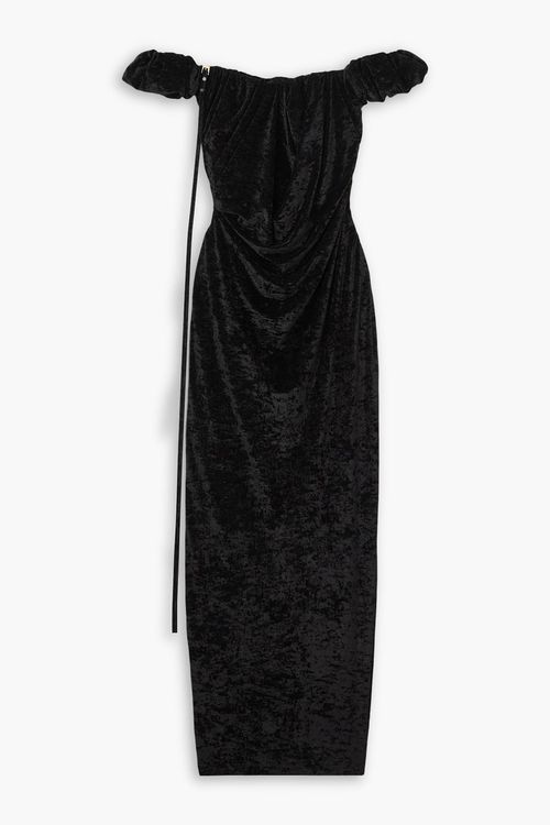Off-the-shoulder embellished stretch-velour gown