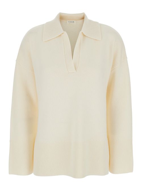 Wool-Cashmere Polo Collar Sweater — White