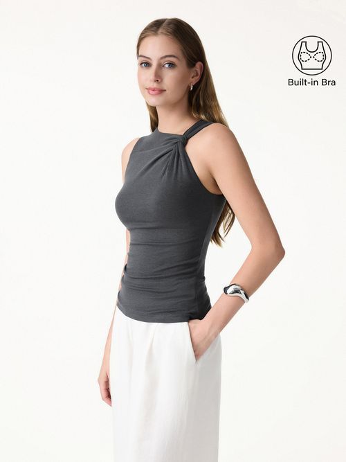 Sweat-Wicking Asymmetrical Neck Knotted Bra Tank - Deep Grey
