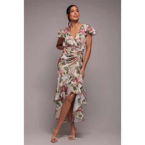Goddiva Floral Wrap High And Low Midaxi Dress - Crea