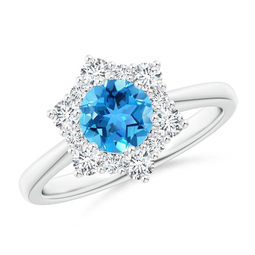 Angara 0.95 Carat Swiss Blue Topaz and Diamond Floral Halo Engagement Ring in Platinum