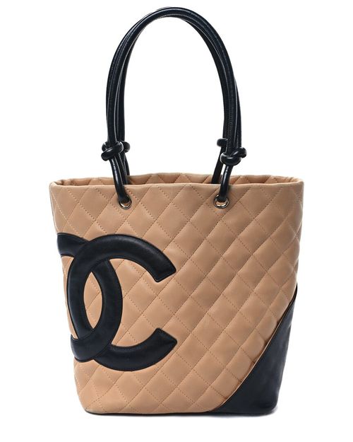 Beige Black Calfskin Quilted Leather Large Cambon Tote (Authentic Pre-  Loved)