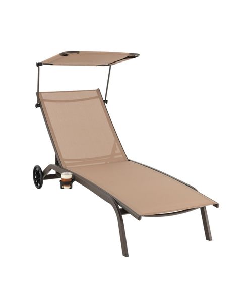 Patio Heavy-Duty Adjustable Chaise Lounge Chair with Canopy Cup holder and Wheels-Brown - Brown