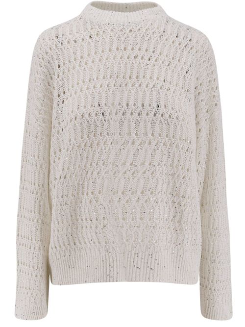 Sequin-embellished Crochet-knit Linen-blend Sweater