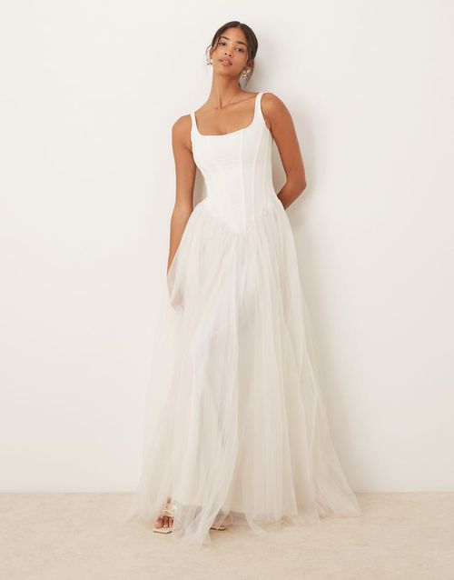 Corset drop hem maxi dress in ivory-White
