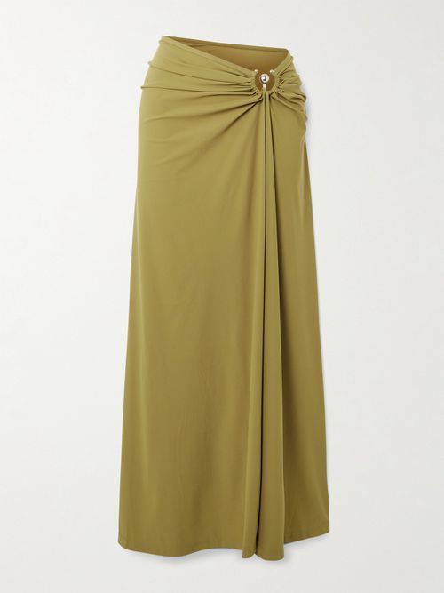 Orbit Embellished Ruched Stretch-jersey Maxi Skirt - Green
