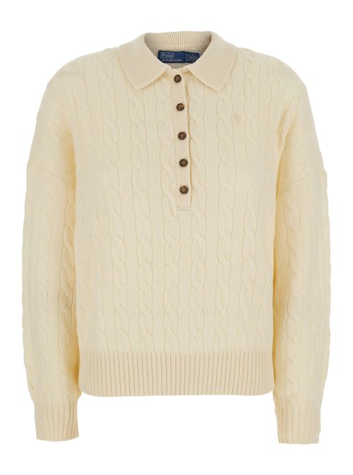Cable Knit Wool and Cashmere Sweater — White