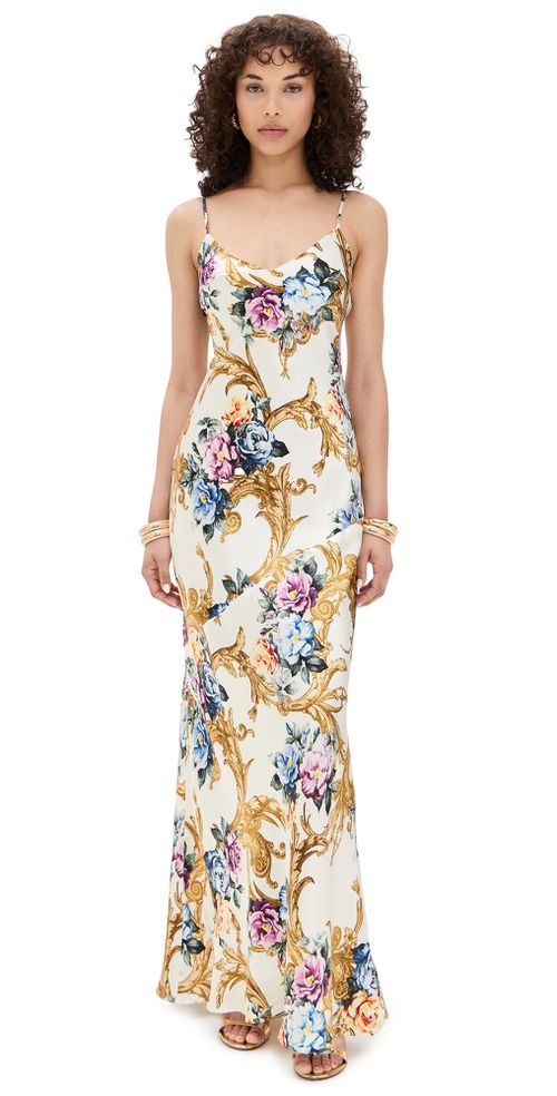 Serita Maxi V Neck Bias Dress Vintage White Large Floral Bar