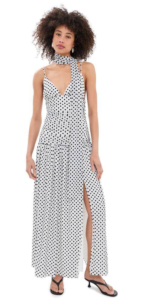 Spot Mesh Maxi Dress with Scarf White/Black