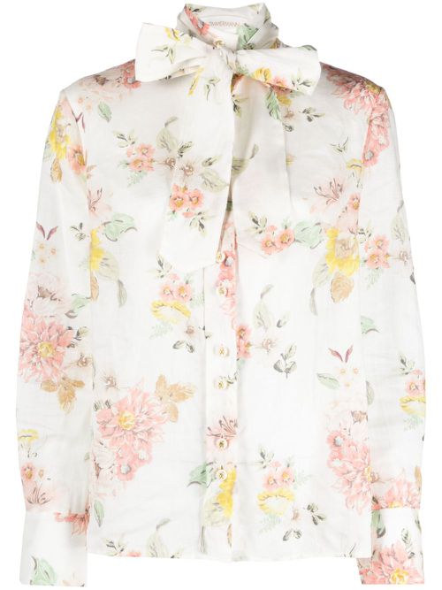 Floral-print ramie blouse - White