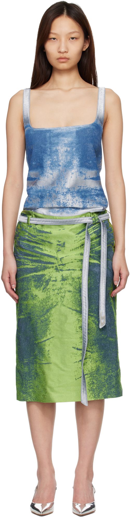 Blue & Green Open-Back Apron Satin Denim Midi Dress