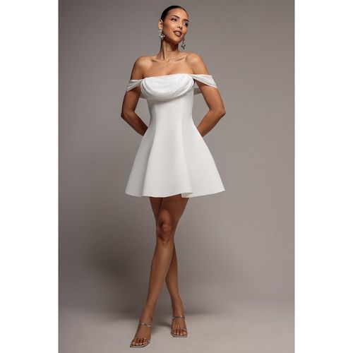 Goddiva Sparkle Chiffon Cowl Bardot Skater Mini Dress - Crea