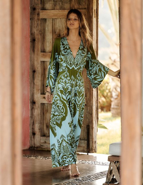 Women's Nell Kimono Midi Jersey Dress in Green | Size 0
