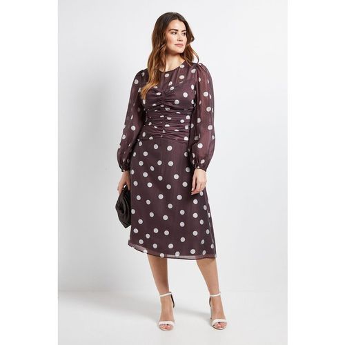 Wallis Womens Polka Dot Ruched Midi Dress - Chocolate Viscose