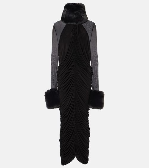 Faux fur-trimmed midi dress