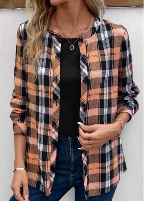 Modlily Orange Button Plaid Long Sleeve Round Neck Blouse