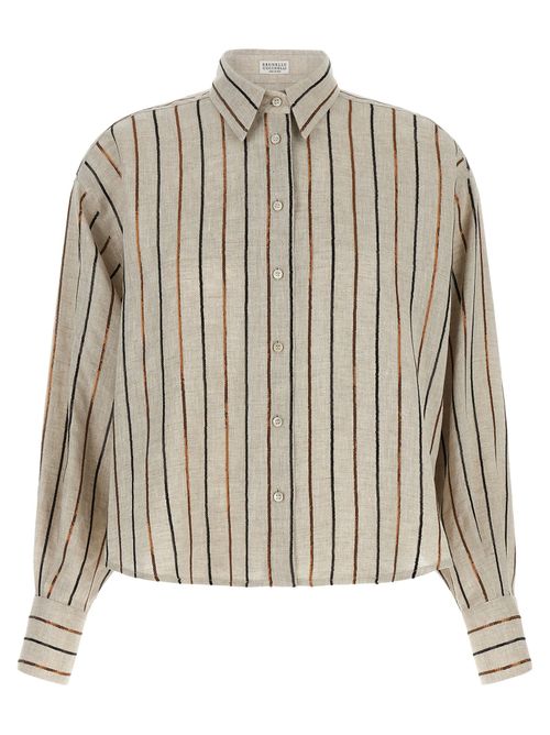 Sequin Stripe Linen Shirt — Beige
