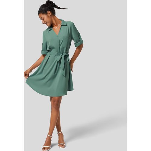 Halara Collared Roll Up Sleeve Belted Relaxed Work Shirt Dress - Crème de Menthe
