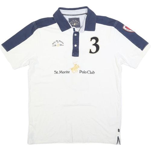 POLO ST MORITZ Mens White & Navy Polo Shirt Short Sleeve M 3 Number Embroidered