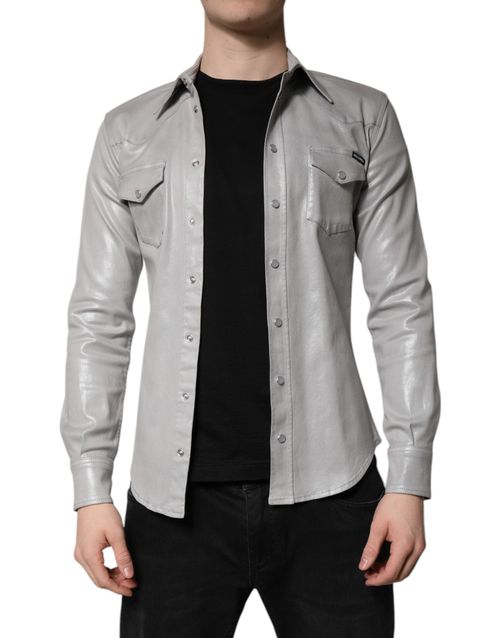 Metallic Cotton Button-Down Shirt — Gray
