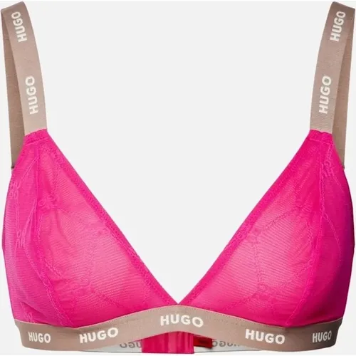 Hugo Boss Women's Sporty Logo Lace Triangle Bra, Bright Pink - Black - Size: L
