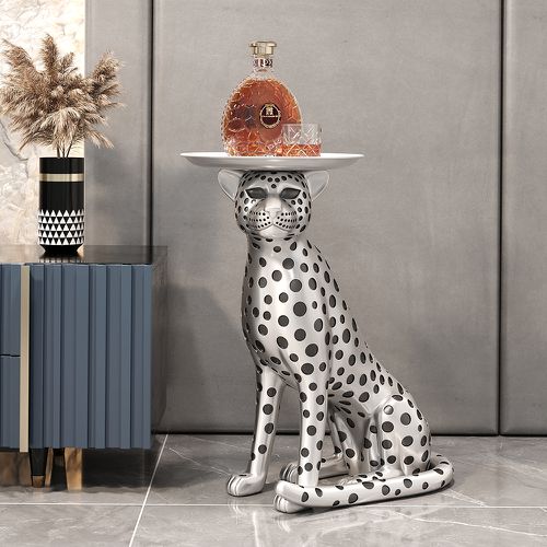 Resin Panther End Table Decorative Cocktail Table Luxury Gold Leopard Accent Side Table with Tray Top Drink Table