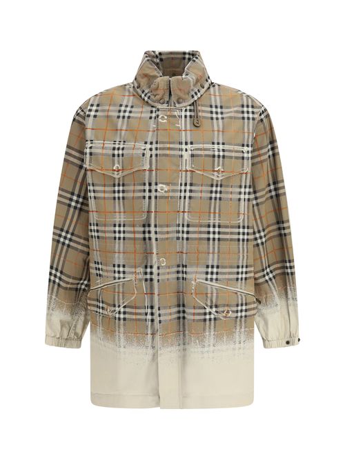 Faded Check Print Gabardine Parka — Taupe