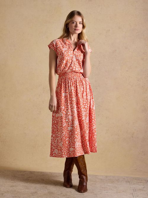 Lilia Red Jersey Smocked Waist Midi Dress