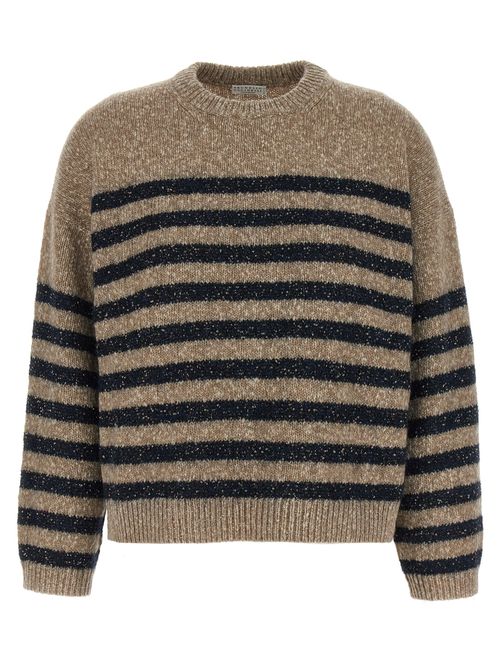 Micro-Sequin Striped Sweater — Beige