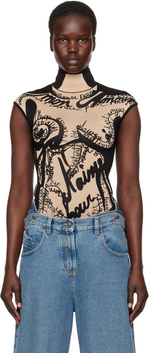 Balmain Black & Beige Jacquard Knit Torso Motif Bodysuit