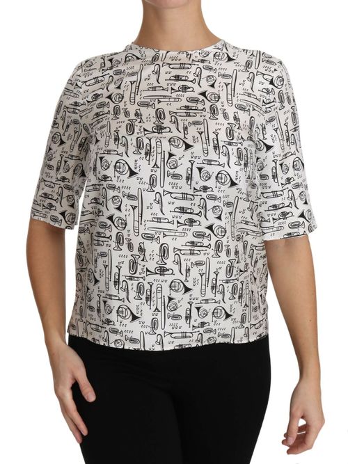 Musical Instruments Print Silk Blouse — White