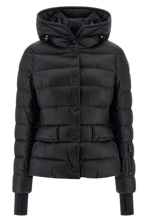 Hooded Down Jacket with Zip and Button Closure