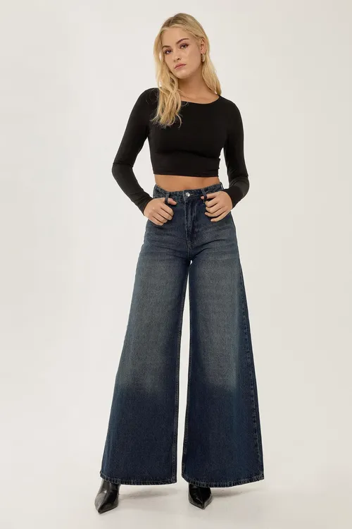Denim Washed Effect Wide Leg Denim Jeans Women
