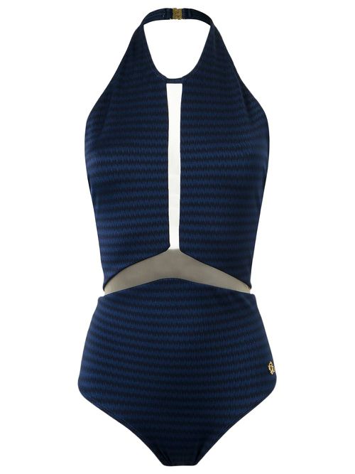 Sheer panel halterneck swimsuit - Blue