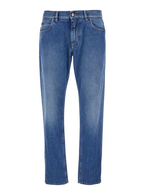 Blue Five-Pocket Jeans With Logo Embroidered On The Back In Denim Man