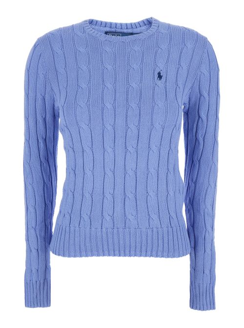 Cable-Knit Pony Embroidery Sweater — Blue