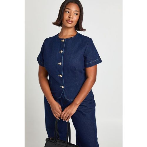 Boohoo Womens Plus Gold Button Short Sleeve Denim Top - Indigo Blue