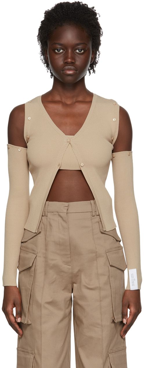 Beige Viscose Cardigan &amp; Tank Top Set