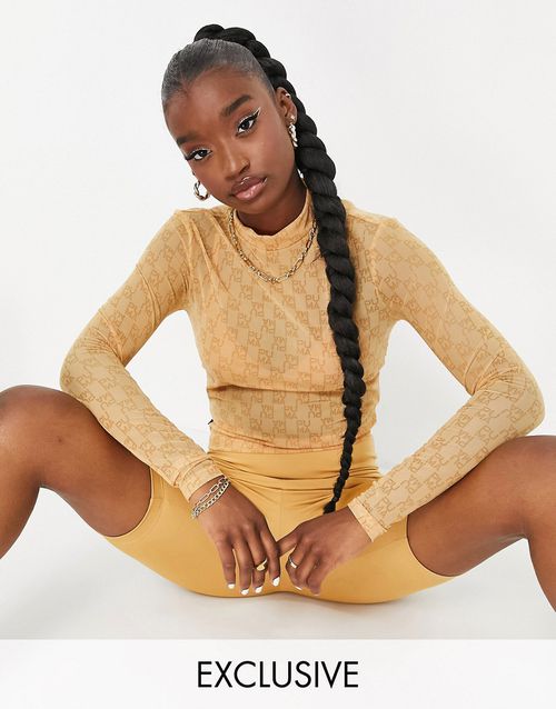 Infuse AOP long sleeve fitted top in brown - exclusive to ASOS