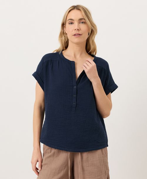 Women's Navy Coastal Double Gauze Short Sleeve Popover
