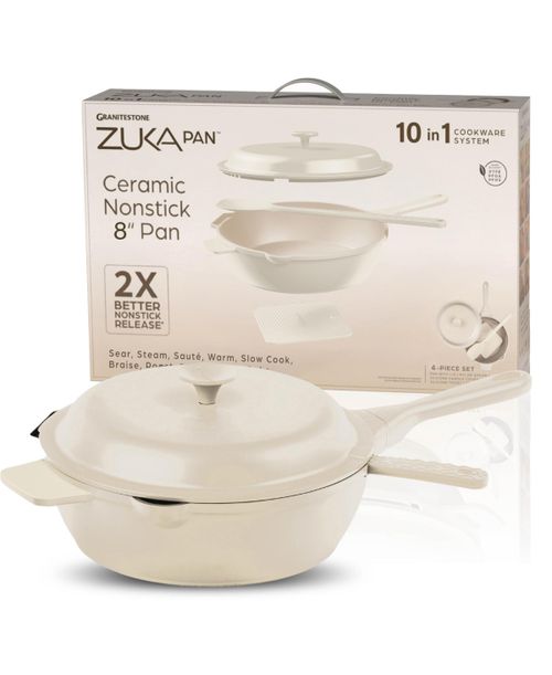 Zuka Everyday Pan 1.25 Qt. Ceramic 10 in 1 Nonstick Multi-Functional Saute Pan with Lid, Nylon Spoon - Cream