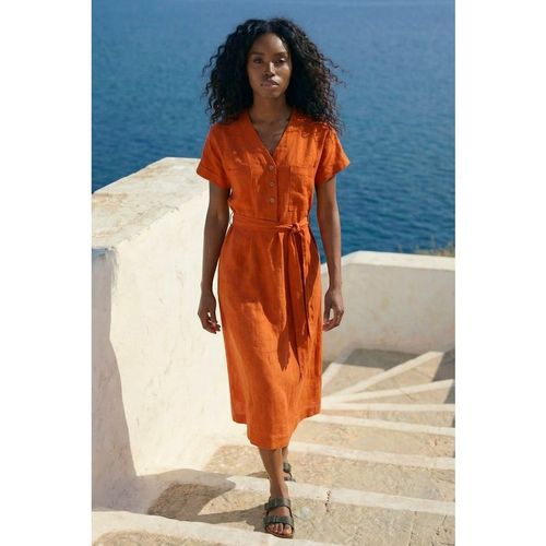 Roman Womens Button Linen Mix Midi Dress - Orange