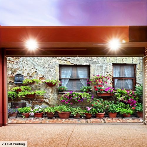 TEMU Large Vintage Floral Garage Door Banner - Polyester, , Ideal For Party & Garden Decor, Featuring Colorful Potted Plants And , Garden Decoration