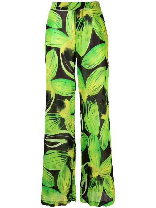 Leaves-Print Wide-Leg Trousers — Green
