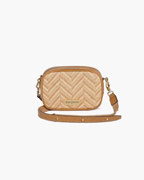 Peanut Calf Leather Zip Pouch for Women - Woven Raffia, Adjustable Strap, Dual Pockets