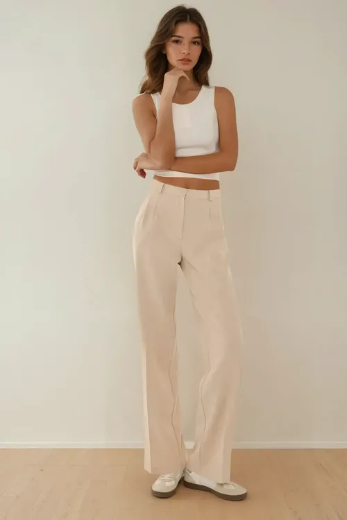 Natural Mid Waist Pleated Straight Fit Pants Women