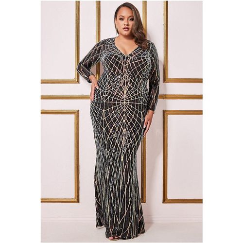 Goddiva Plus Geo Sequin Long Sleeve Maxi Dress - Black