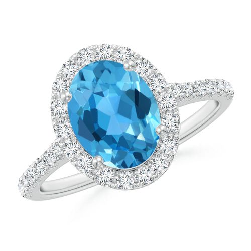 Angara 2.25 Carats Prong-Set Oval Swiss Blue Topaz Halo Ring with Diamonds in Platinum