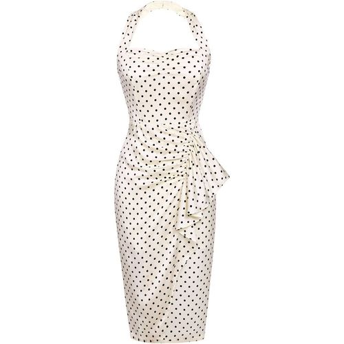 Retro Stage Polka Dot Halter Bodycon Midi Dress Ivory